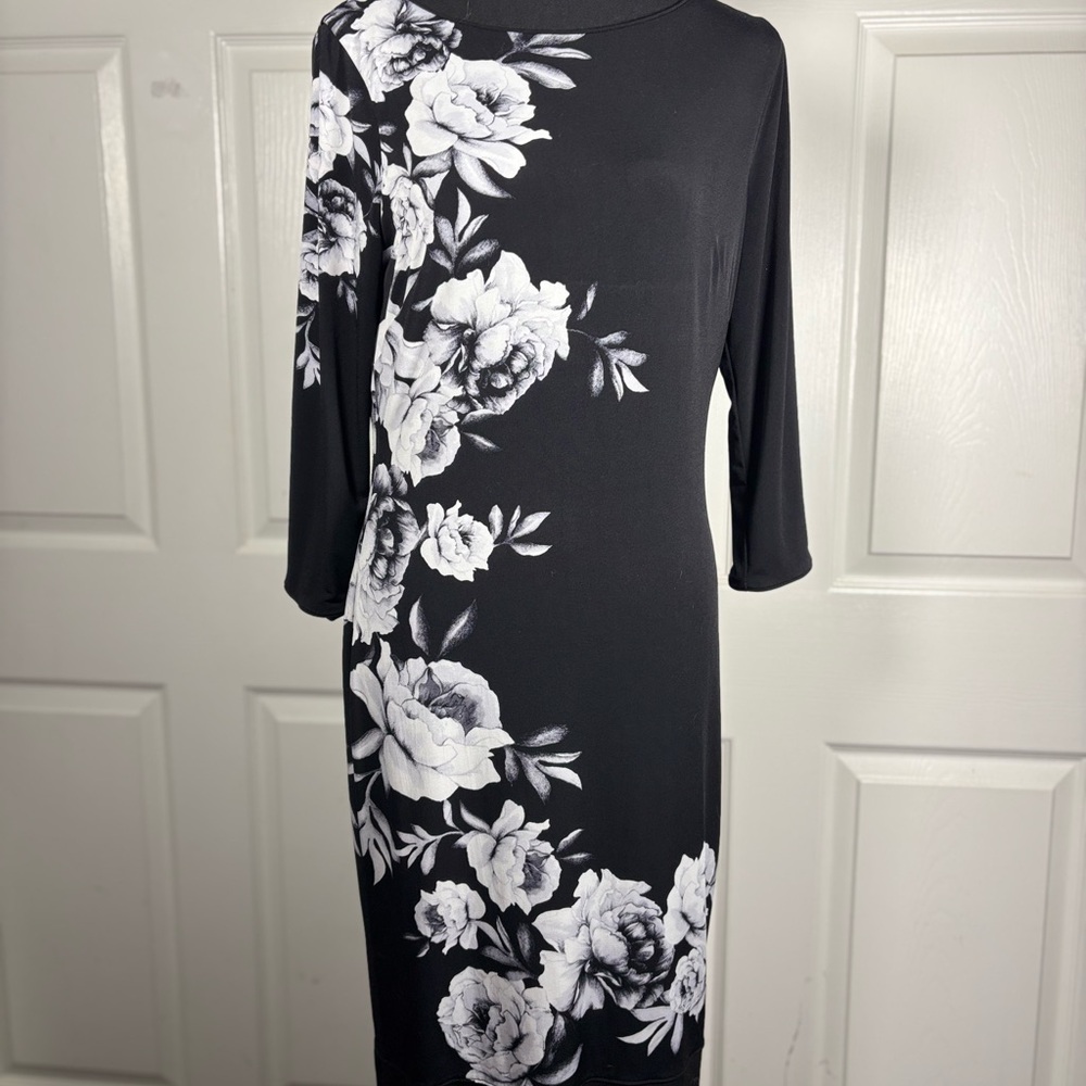 White House Black Market Asymmetrical Black Dress with White Floral Design - Picture 3 of 13